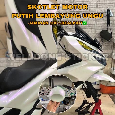 STICKER SKOTLET MOTOR PUTIH LEMBAYUNG UNGU STIKER PUTIH MUTIARA UNGU