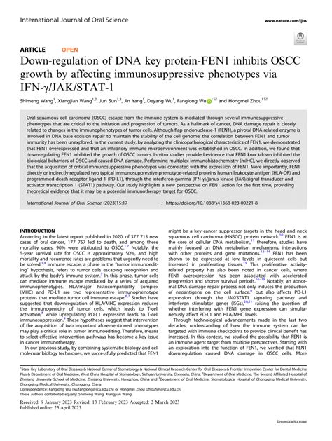 Pdf Down Regulation Of Dna Key Protein Fen1 Inhibits Oscc Growth By