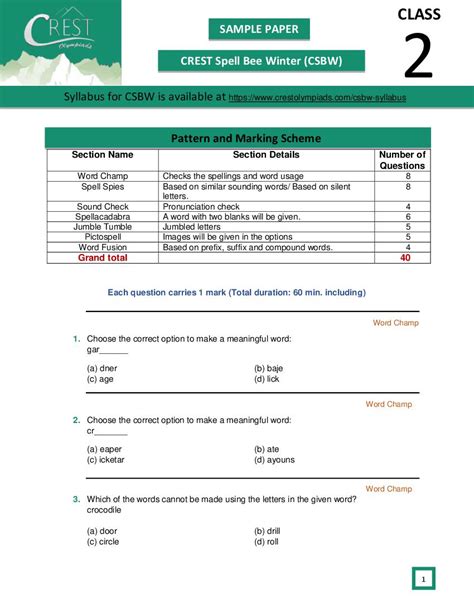 CREST International Spell Bee Winter CSBW Class 2 Sample Paper