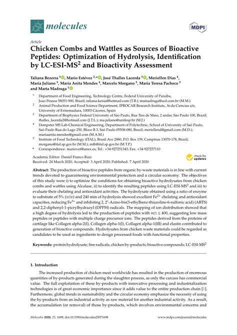 Pdf Chicken Combs And Wattles As Sources Of Bioactive Peptides