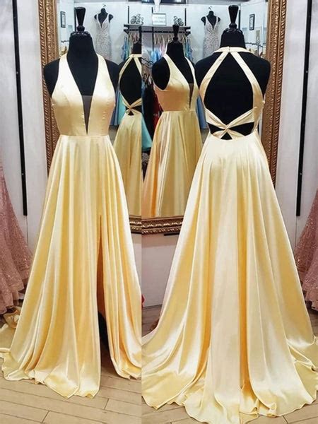 V Neck Backless Yellow Satin Long Prom Dresses Yellow Open Back Forma