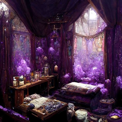 Purple Elven Bedroom Covered In Potions Gems Lace Curtains Bones And Feathers Fantasy