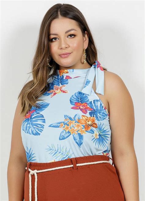 Blusa Floral Azul Plus Size Amarra O Marguerite