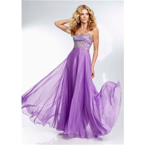 Flowing Strapless Long Lavender Purple Chiffon Beaded Crystal Prom Dress