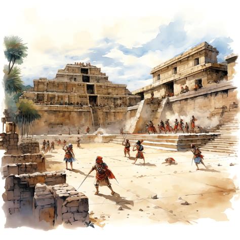 Juego de pelota maya con jugadores y espectadores en acción ilustración