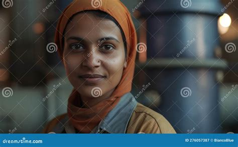 A Smiling Indian Female Factory Worker Standing In Oil Refinery Plant