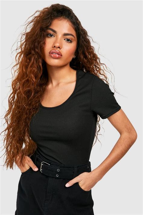 Black Petite Rib Scoop Neck Short Sleeve Bodysuit Boohoo Uk