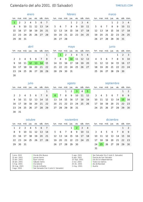 Calendario 2001 Con Días Festivos En El Salvador Imprimir Y Descargar