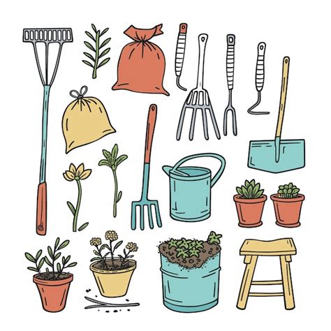 Herramientas De Jardinería Coloridas Dibujadas A Mano Plantas Dibujos