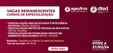 DTED oferta vagas remanescentes para Cursos de Especialização na