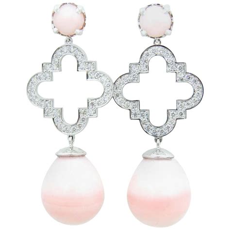 Peruvian Pink Opal Diamond And 18 Carat White Gold Earrings For Sale At