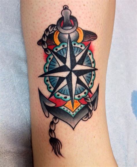 Blue lovely compass tattoo on leg