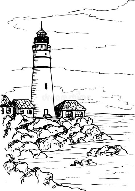 Sea Landscape With A Lighthouse Sea Hand Drawn Sketch Illustration