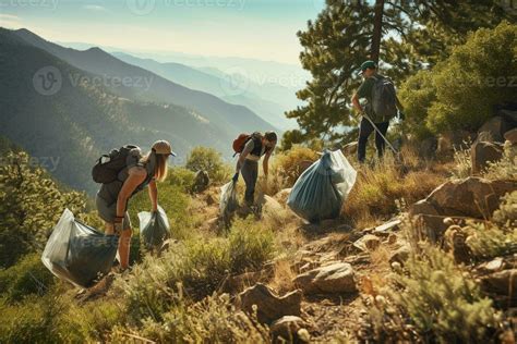 Un Grupo De Voluntarios Recoge Basura En Contra El Fondo De Majestuoso