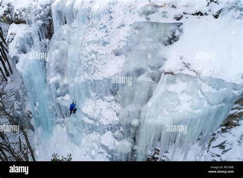 Ice Climbing The North Greece Man Climbing Frozen Waterfall Stock