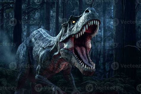 Tyrannosaurus Rex Is Roaring In Pine Forest At Night Time Created By