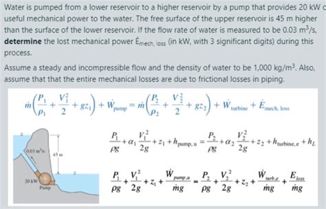 Solved Water Is Pumped From A Lower Reservoir To A Higher Chegg