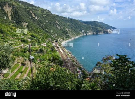 The Train Station Of Corniglia Seen From Above With A View On The