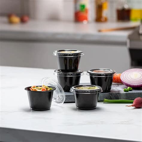 2 5 Oz Black Clear Disposable Plastic Portion Cups With Lids Sauce Cups