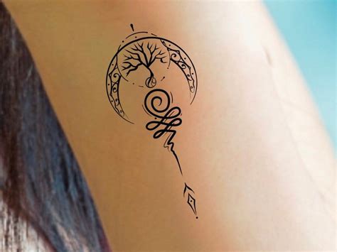 Moon Tree Unalome Temporary Tattoo / Crescent Moon Tattoo / Unalome ...