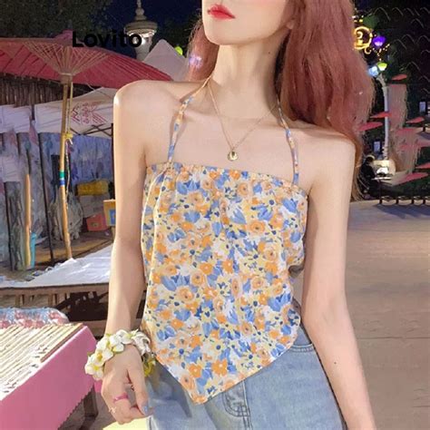 Lovito Women Casual Ditsy Floral Asymmetrical Lace Up Tank Top Lne