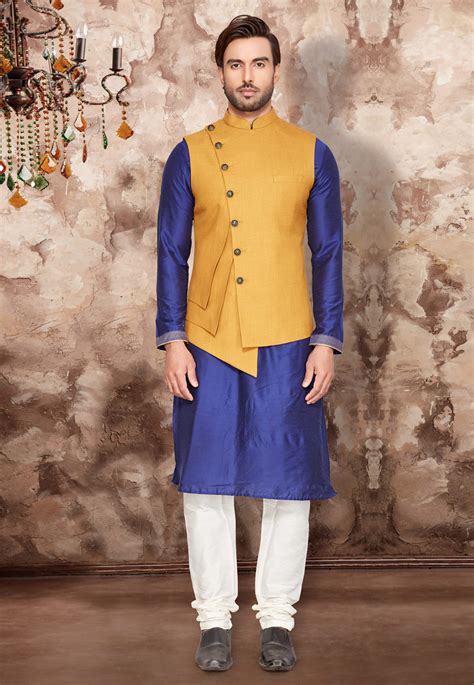 Buy Blue Silk Readymade Kurta Pajama With Jacket 174921 Online At Lowest Price From Our Mens