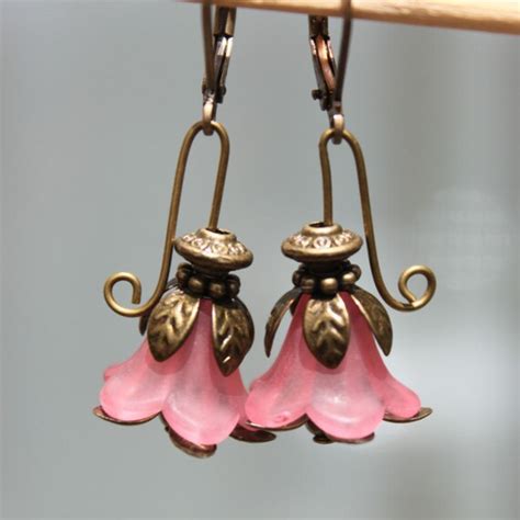 Pink Earrings Flower Earrings Lucite Earrings Dangle Drop Etsy