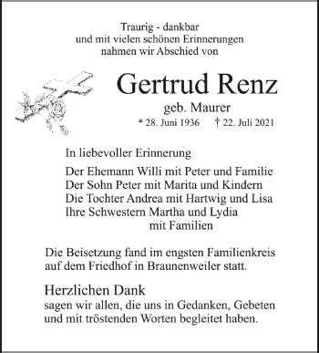 Traueranzeigen Von Gertrud Renz Schwaebische De Trauerportal