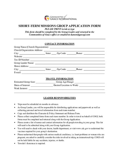 Fillable Online Short Term Missions Group Application Form Fax Email