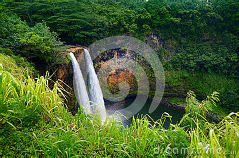 Majestic Twin Wailua Waterfalls On Kauai Stock Image Image Of