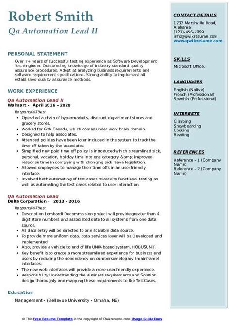 Qa Automation Lead Resume Samples Qwikresume