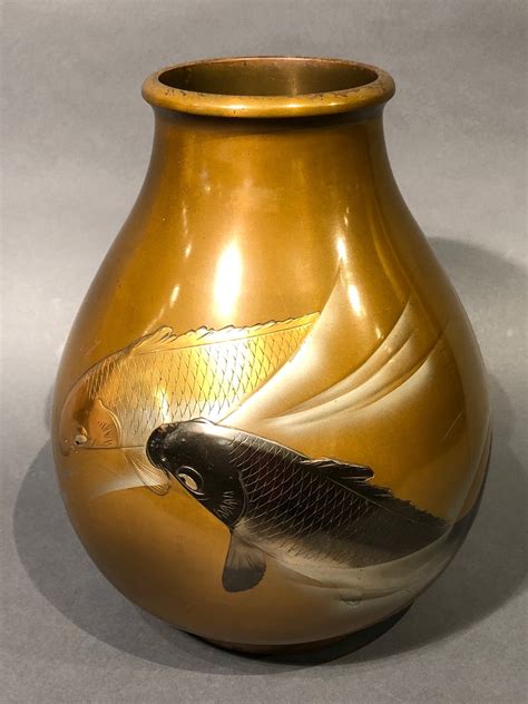 Antique Japanese Bronze Vase With Pair Of Koi Fishes Kuraya