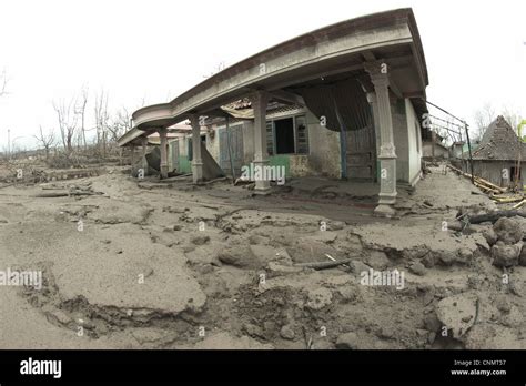 Road Covered Ash Dead Trees Damaged Houses Recent Volcanic Eruption