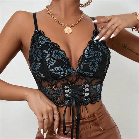 Womens Sexy Corset Top Lace Embroidery Flower See Through Crop Top