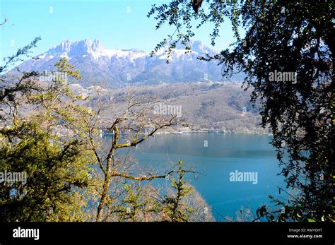 Annecy Blue Lake From Duingt And Forclaz Mountain Savoy France Stock