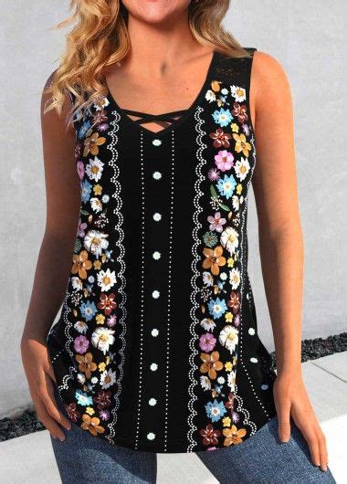 Rotita Lace Floral Print Black V Neck Tank Top V Neck Tank Top