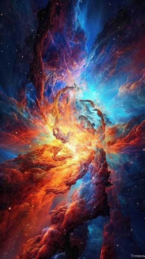 A colossal supernova explosion, with cascading ribbons of vivid colors ...