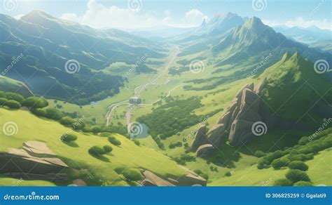 Beautiful Alps Scenery In Anime Style Sunshine Stock Illustration