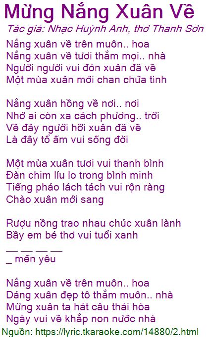 Lời Bài Hát Mừng Nắng Xuân Về Nhạc Huỳnh Anh Thơ Thanh Sơn Có Nhạc