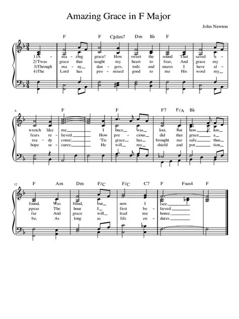 Amazing Grace In F Major Piano And Chords 4 Verses