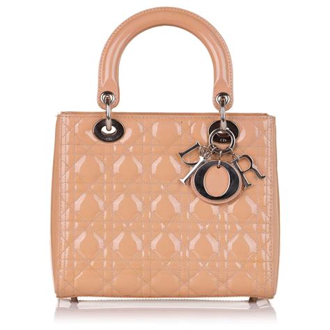 Dior Cartable Lady Dior En Cuir Verni Marron Moyen Cuir Vernis Beige