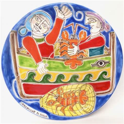 Ceramiche Di Sicilia Dining Wall Plate With Lobstermen