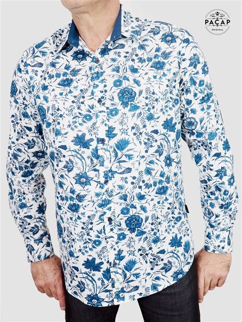 Chemise Blanche Habill E Imprim Fleurs Bleue Bouton Nacr Blume Taille L