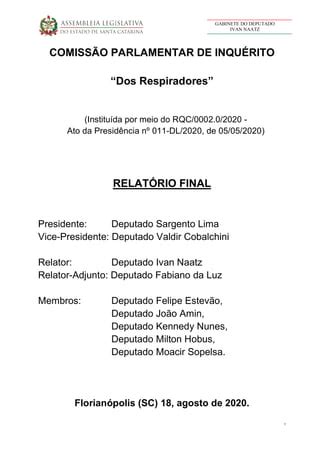 Relat Rio Final Cpi Dos Respiradores Deputado Ivan Naatz Pdf