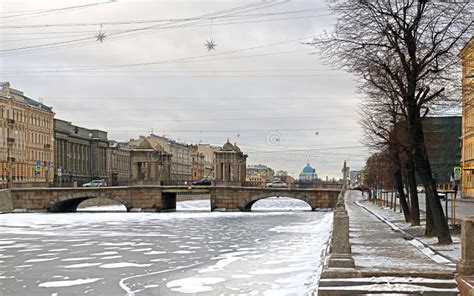 Fontanka River Embankment And Lomonosov Bridge In Saint Petersburg