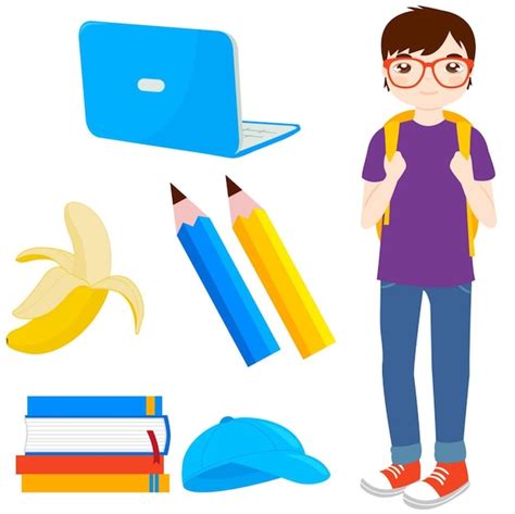 Estudiante niño y conjunto de objetos escolares vector Vector Premium