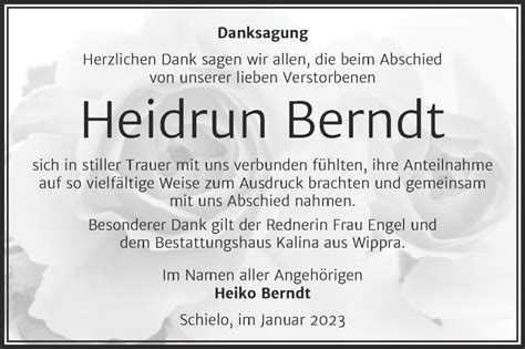 Traueranzeigen Von Heidrun Berndt Abschied Nehmen De