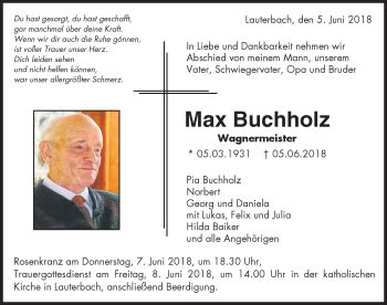 Traueranzeigen Von Max Buchholz Wagnermeister Schwarzw Lder Bote Trauer