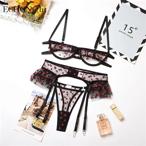 Echonight Sexy Ruffles Polka Dot Lingerie Sexy Underwear Set Mesh Women Bra Party Sets Lingerie