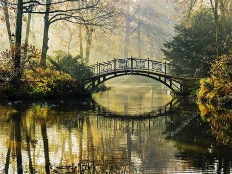 Autumn - Old bridge in autumn misty park — Stock Photo © Gorilla #67423715